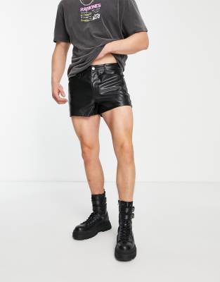 ASOS DESIGN slim shorts in extreme shorter length in black leather