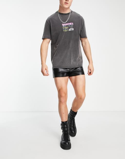 ASOS DESIGN slim shorts in extremeshorter length in black leather look