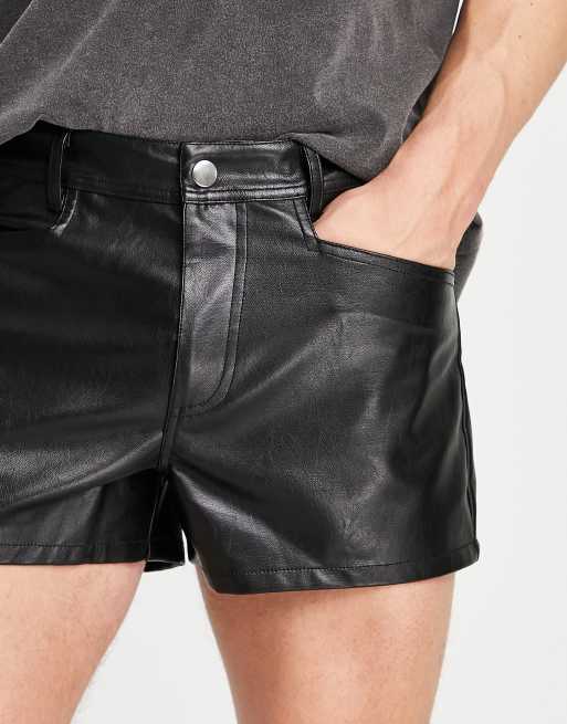 ASOS DESIGN slim shorts in extreme shorter length in black leather