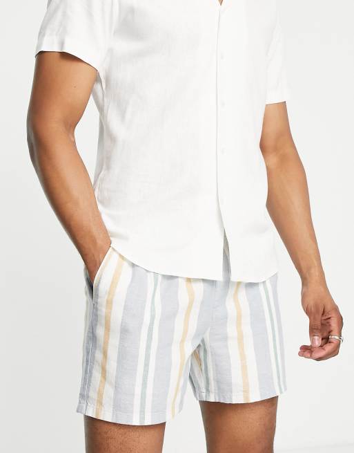ASOS DESIGN slim shorts in linen mix natural look stripe