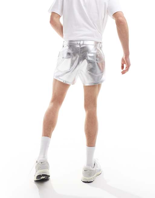 ASOS DESIGN slim shorts in metallic silver leather look