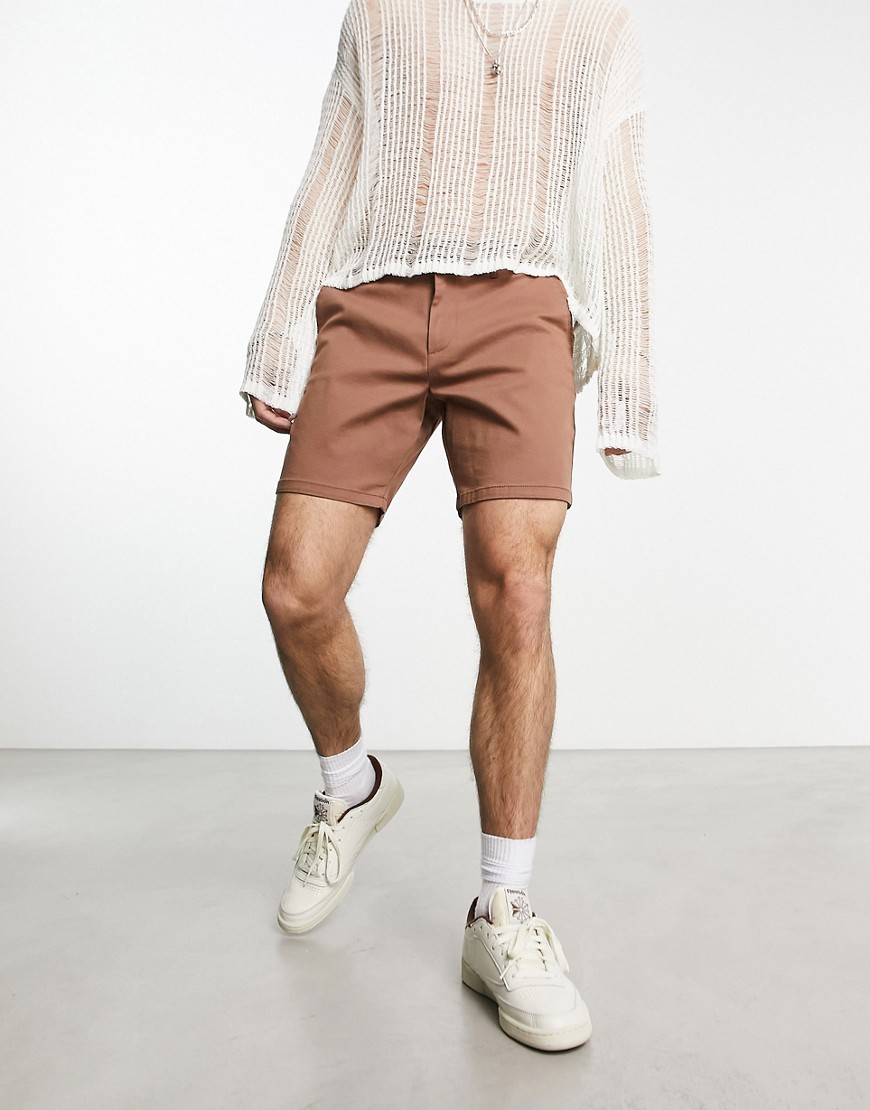 ASOS DESIGN slim shorts in mid length in brown