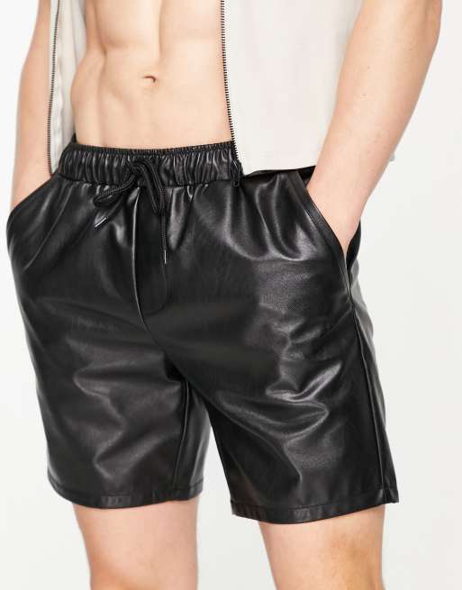 ASOS DESIGN slim shorts in extreme shorter length in black leather look