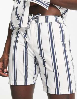 white and navy striped shorts