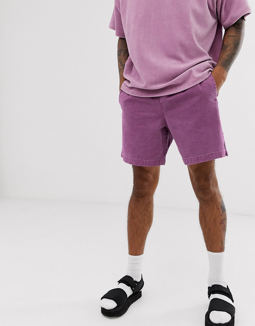 ASOS DESIGN slim shorts in washed purple heavyweight canvas with utility belt