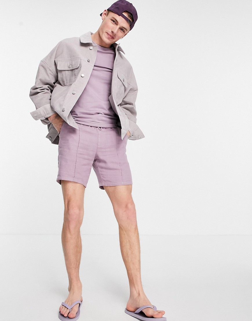 ASOS DESIGN slim shorts with pin tuck in lilac linen-Purple