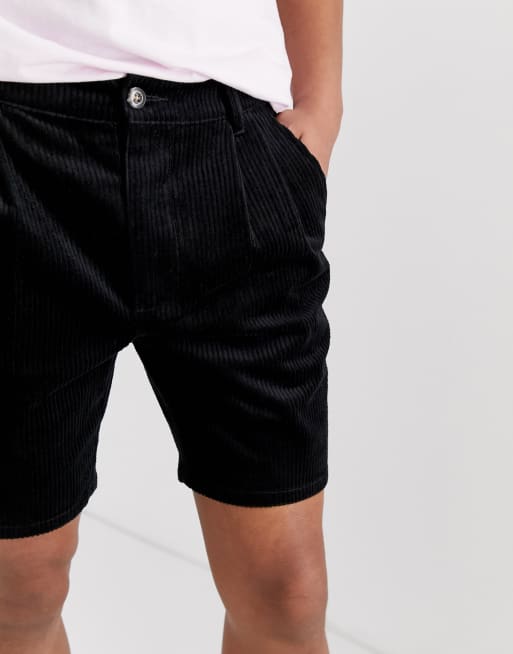 ASOS DESIGN slim shorts with pleats in black cord