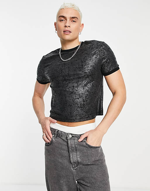 T-Shirts & Vests slim shrunken t-shirt in metallic with contrast neck and cuffs 