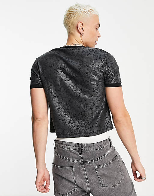 T-Shirts & Vests slim shrunken t-shirt in metallic with contrast neck and cuffs 