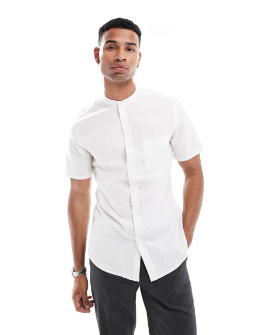 ASOS DESIGN - Slim-skjorte med grandad-krave og lommer i hvid, 2 af 4