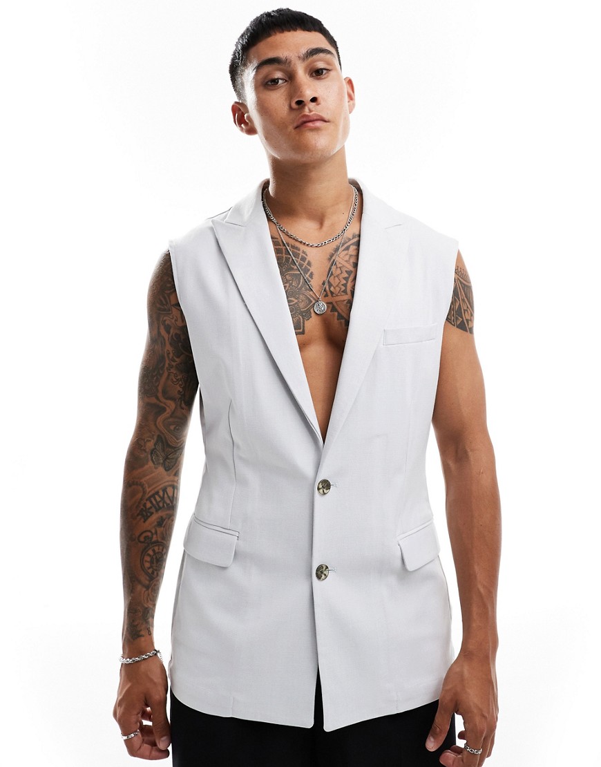 Asos Design Slim Sleeveless Suit Jacket In Light Gray Micro Texture