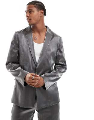 ASOS DESIGN slim slouchy suit jacket in silver metallic