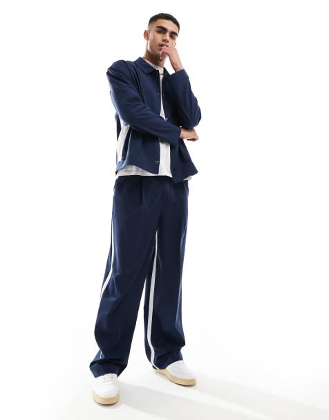 ASOS DESIGN slim smart co-ord in navy with white side stripe - view 1