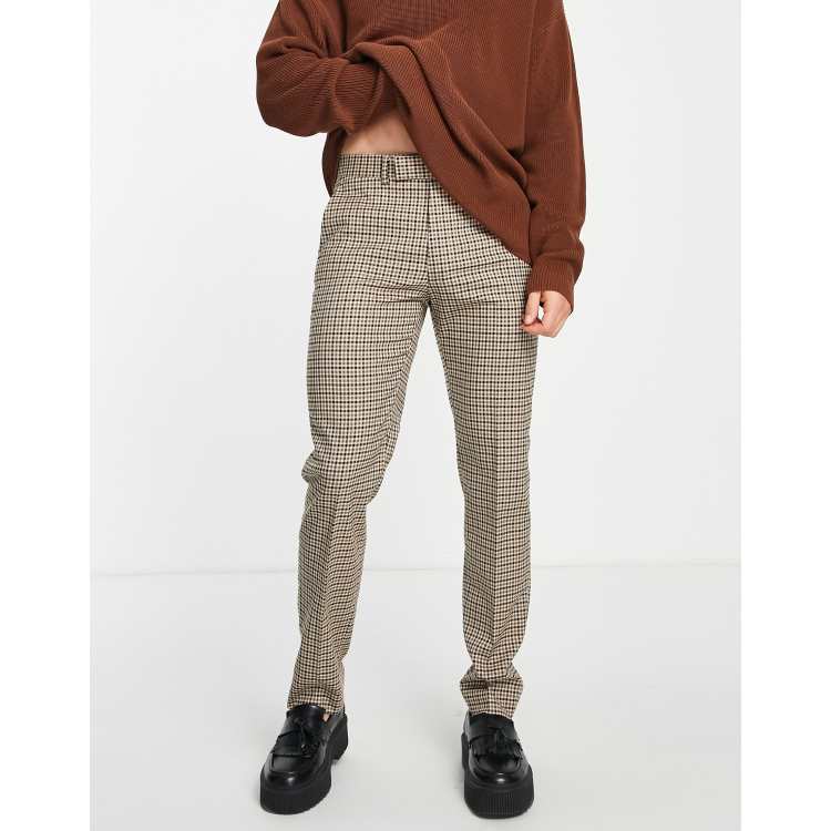 ASOS DESIGN slim smart pants with micro plaid in brown ASOS