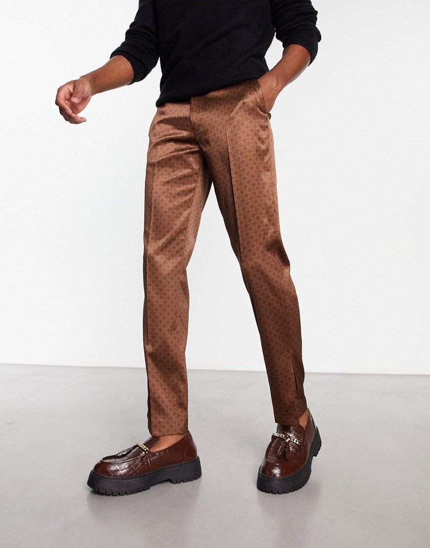 ASOS DESIGN slim smart satin pants with retro monogram print in brown