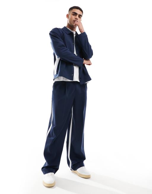 ASOS DESIGN slim smart set in navy with white side stripe