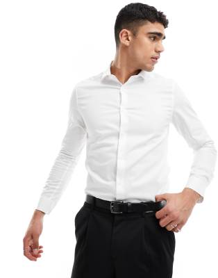 asos ASOS DESIGN slim smart shirt with cutaway collar in white lightweight texture