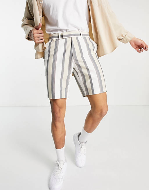 Men slim smart shorts in white with stripes 