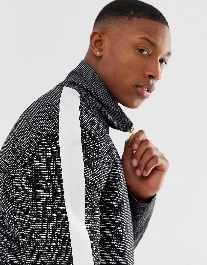 ASOS DESIGN slim smart track jacket in black micro check with side stripes