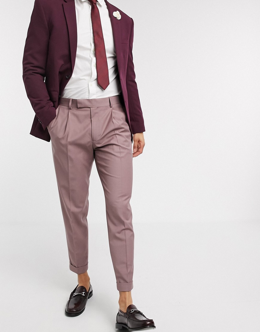 ASOS DESIGN slim smart trousers in pink with turn up