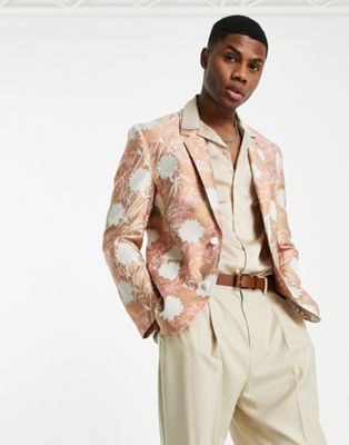 ASOS DESIGN slim soft tailored blazer in floral jacquard in pink