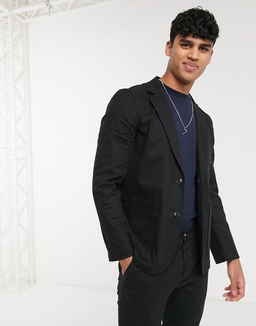 ASOS DESIGN slim soft tailored cotton blazer with square pockets in black