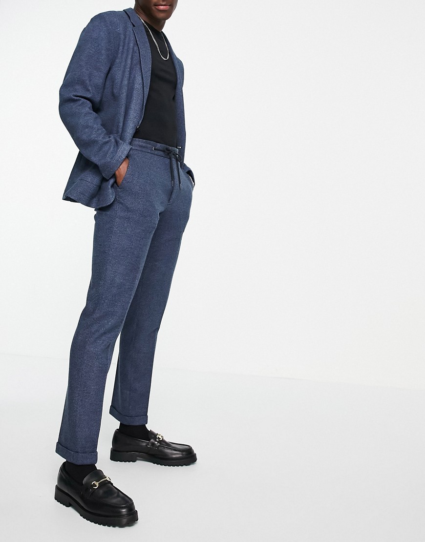 Asos Design Slim Soft Tailored Jersey Suit Trousers In Navy Wide Twill And Drawcord Waist-Blue