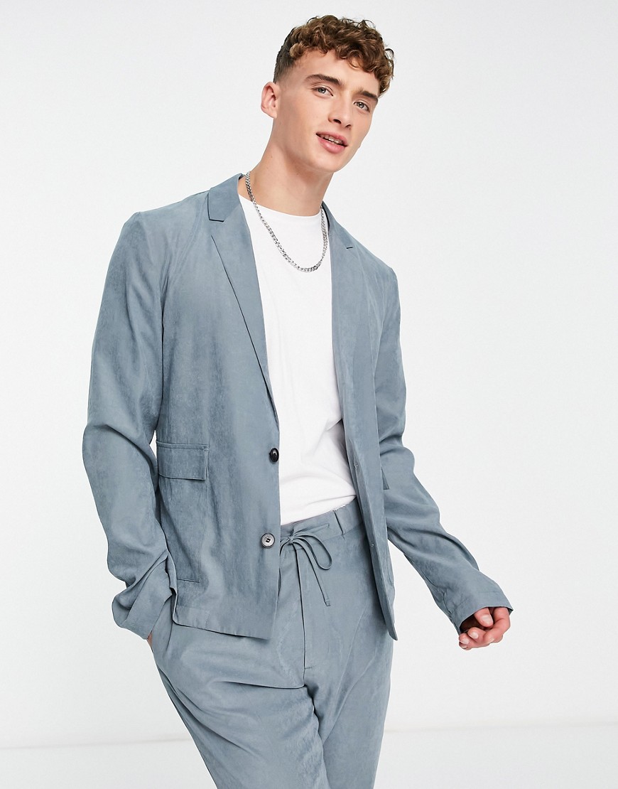 ASOS DESIGN slim soft tailored suit jacket in muted blue suede