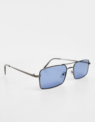 ASOS DESIGN slim square aviator sunglasses with navy lens in gunmetal