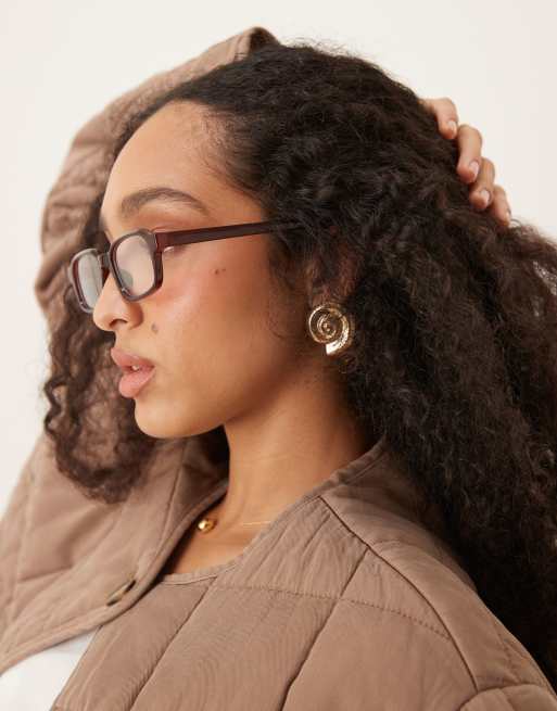 ASOS DESIGN slim square clear lens glasses in milky brown, 3 of 3