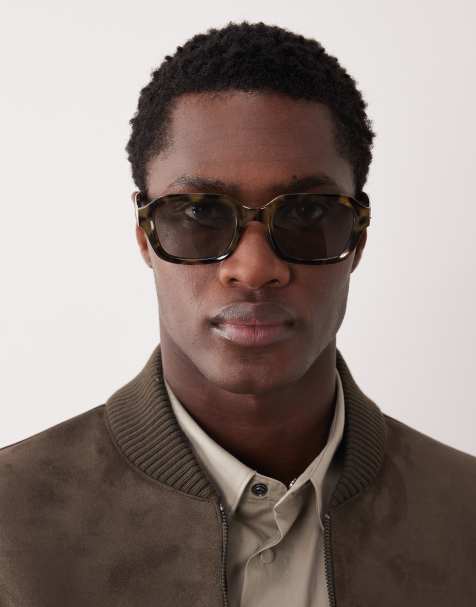 ASOS DESIGN slim square sunglasses in green tortoiseshell with smoke lens - view 1