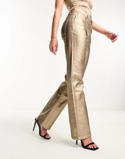 ASOS DESIGN occasion satin wide leg suit pants in gold