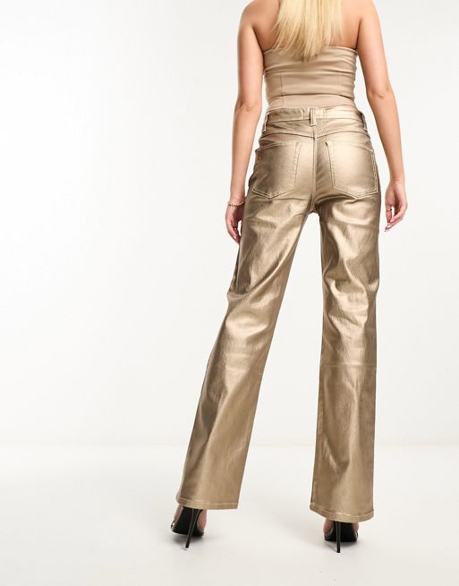 Gupgi Women Metallic Jeans Low Waist Straight Leg Trousers Streetwear Loose  Gold Glitter Pants with Pockets 
