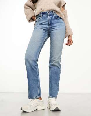 Shop Asos Design Slim Straight Jeans In Mid Blue