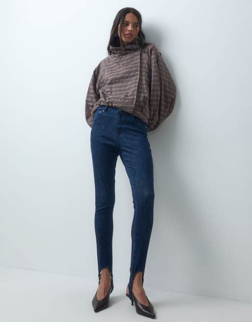 ASOS DESIGN slim straight stirrup jean in mid wash blue, 3 of 5