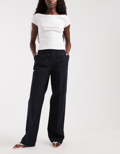 ASOS DESIGN slim straight trousers in navy stripe - view 1