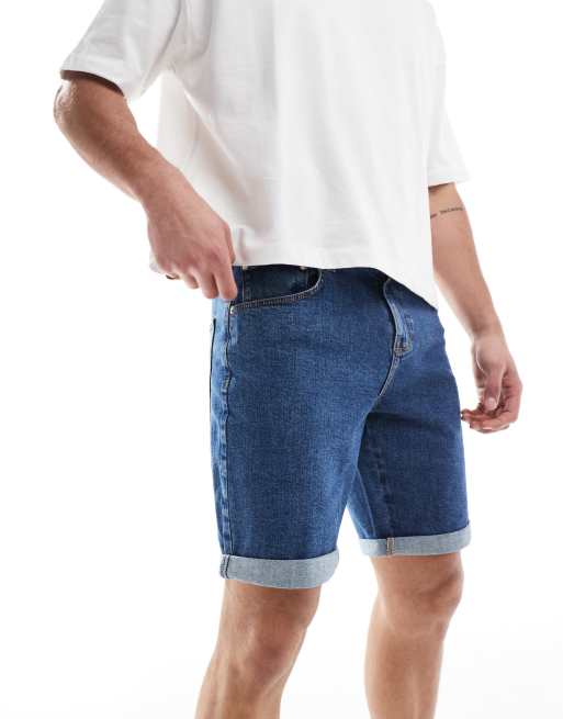 ASOS DESIGN slim stretch denim shorts in mid wash blue | ASOS
