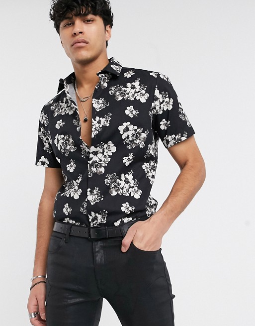 ASOS DESIGN slim stretch floral shirt in black