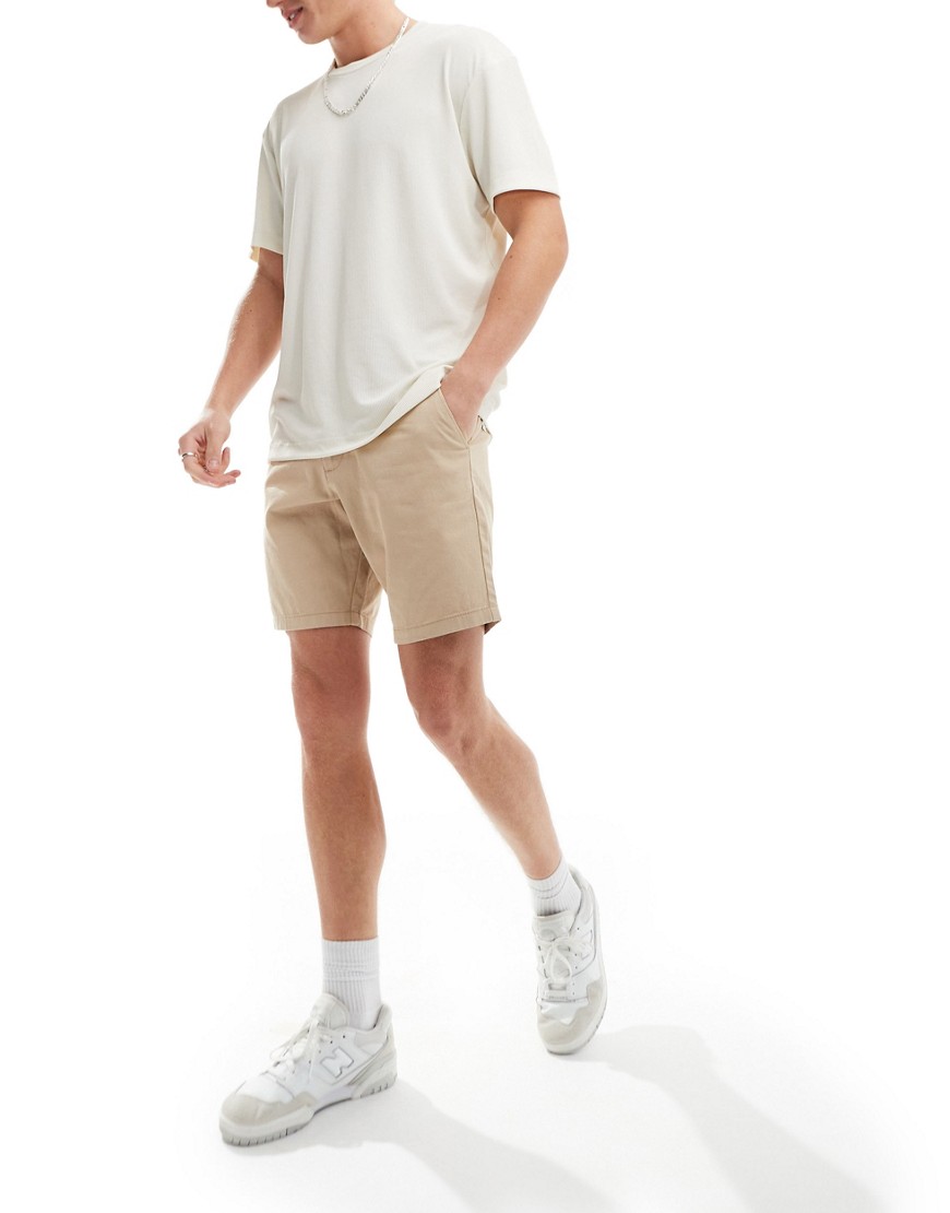 ASOS DESIGN slim stretch regular length chino shorts in stone-Neutral