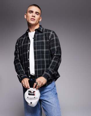 ASOS DESIGN ASOS DESIGN slim stretch shirt with window pane check in black-Blue