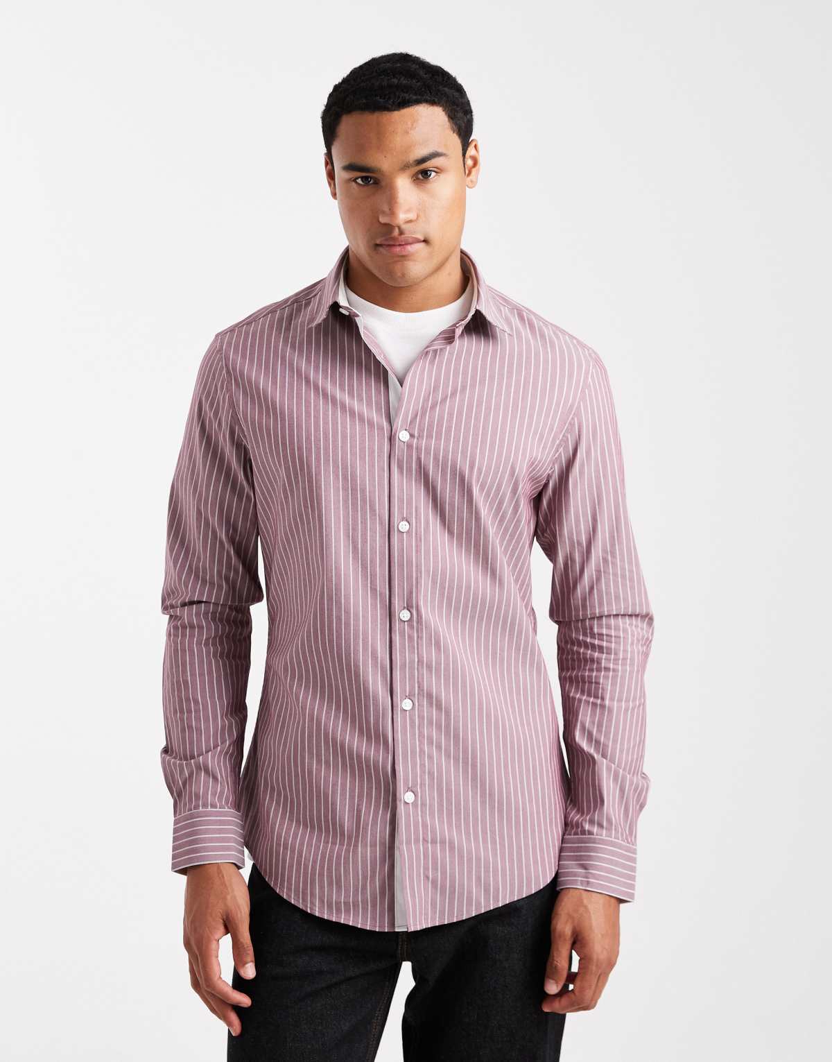 ASOS DESIGN slim stripe shirt with contrast cuff in red