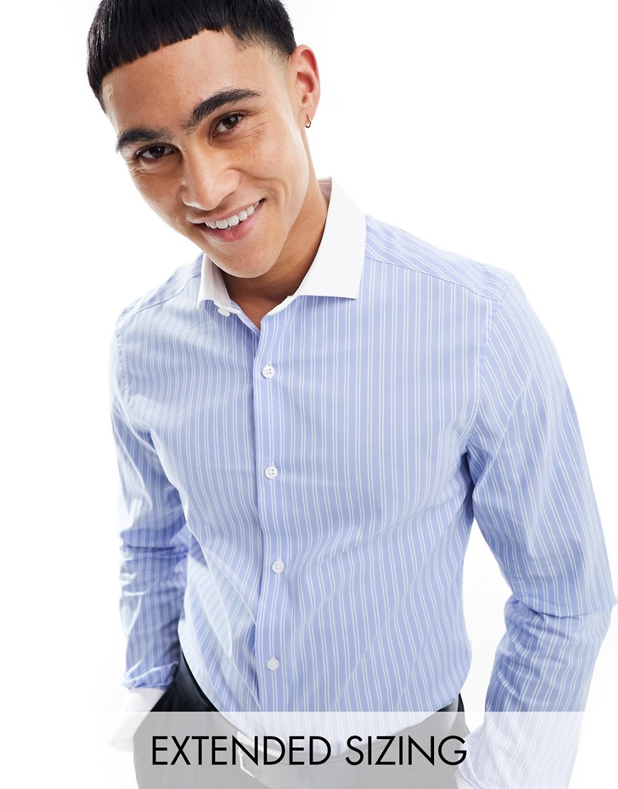 ASOS DESIGN slim stripe shirt with cutaway contrast collar in blue