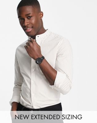 ASOS DESIGN slim stripe shirt with grandad collar in white & beige