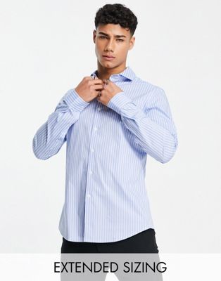 ASOS DESIGN slim stripe work shirt with cutaway collar in blue