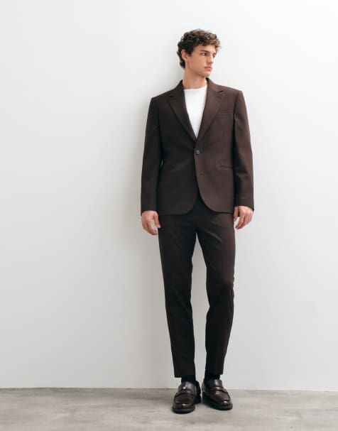 ASOS DESIGN slim suit blazer & tapered suit pants in dark brown - view 1