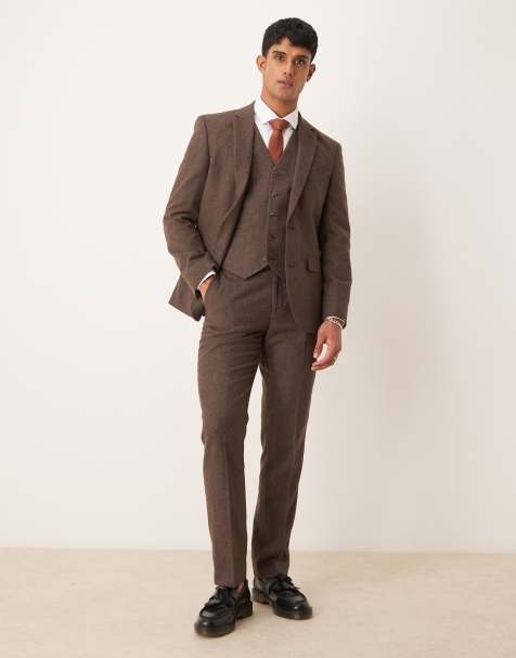 ASOS DESIGN slim suit in brown wool mix flannel - view 1