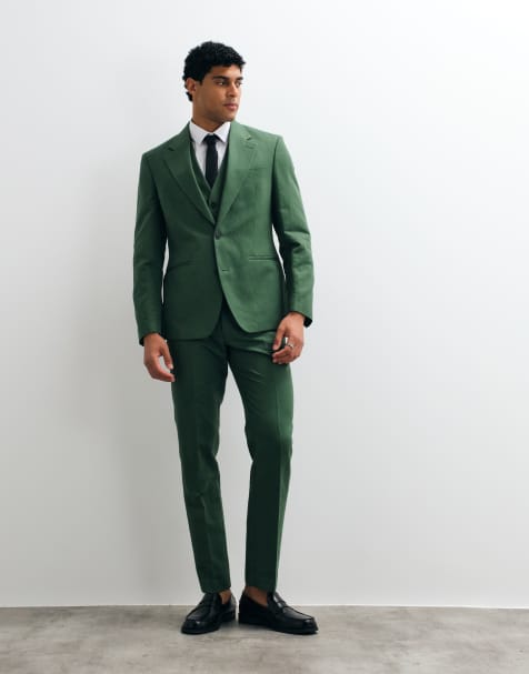 ASOS DESIGN slim suit in linen rich dark green twill - view 1