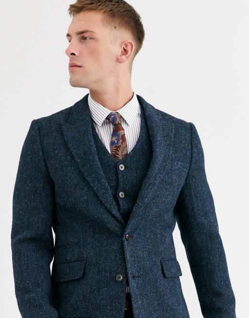 ASOS DESIGN slim suit jacket in 100% wool Harris Tweed in blue herringbone