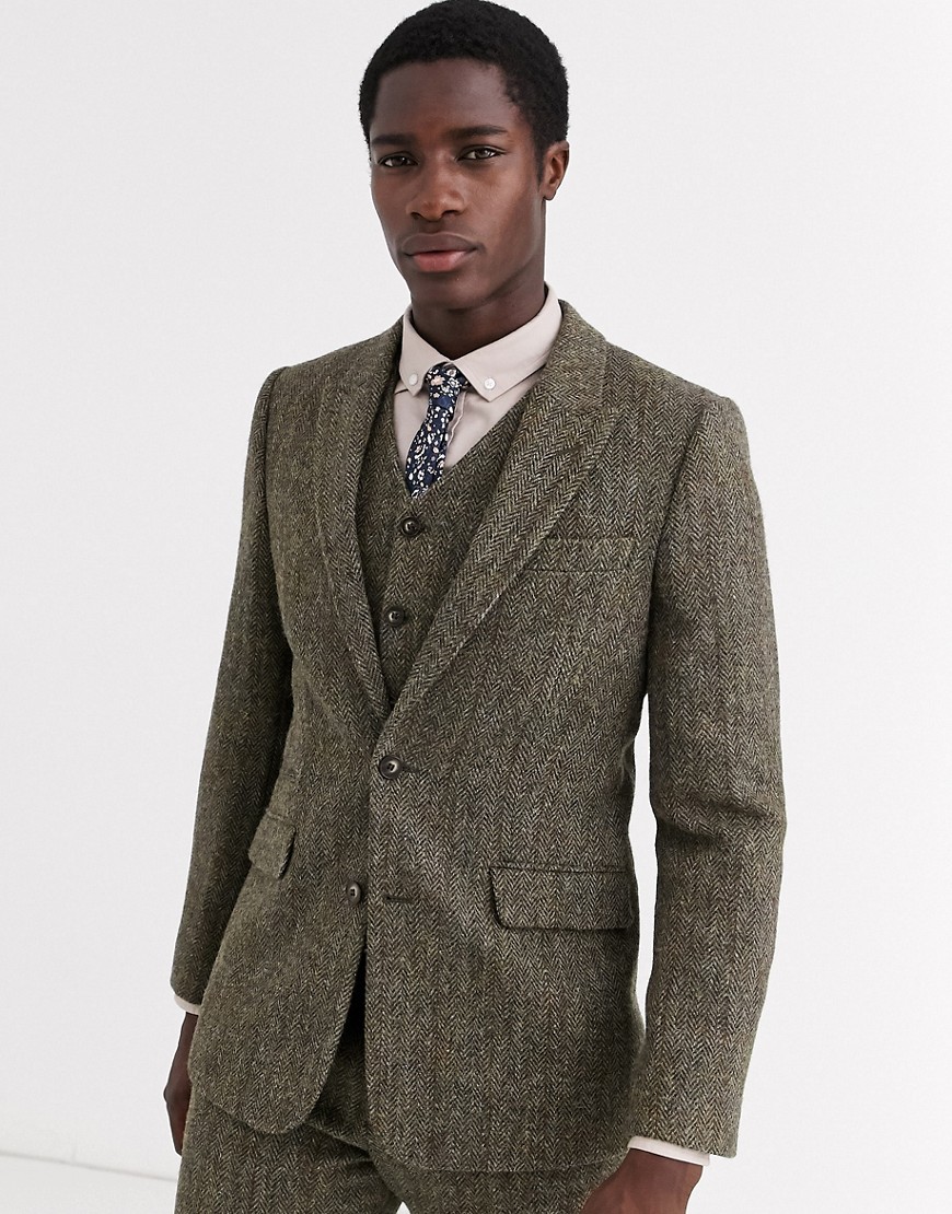 ASOS DESIGN slim suit jacket in 100% wool Harris Tweed in brown herringbone