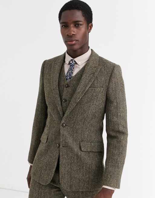 ASOS DESIGN slim suit jacket in 100% wool Harris Tweed in brown